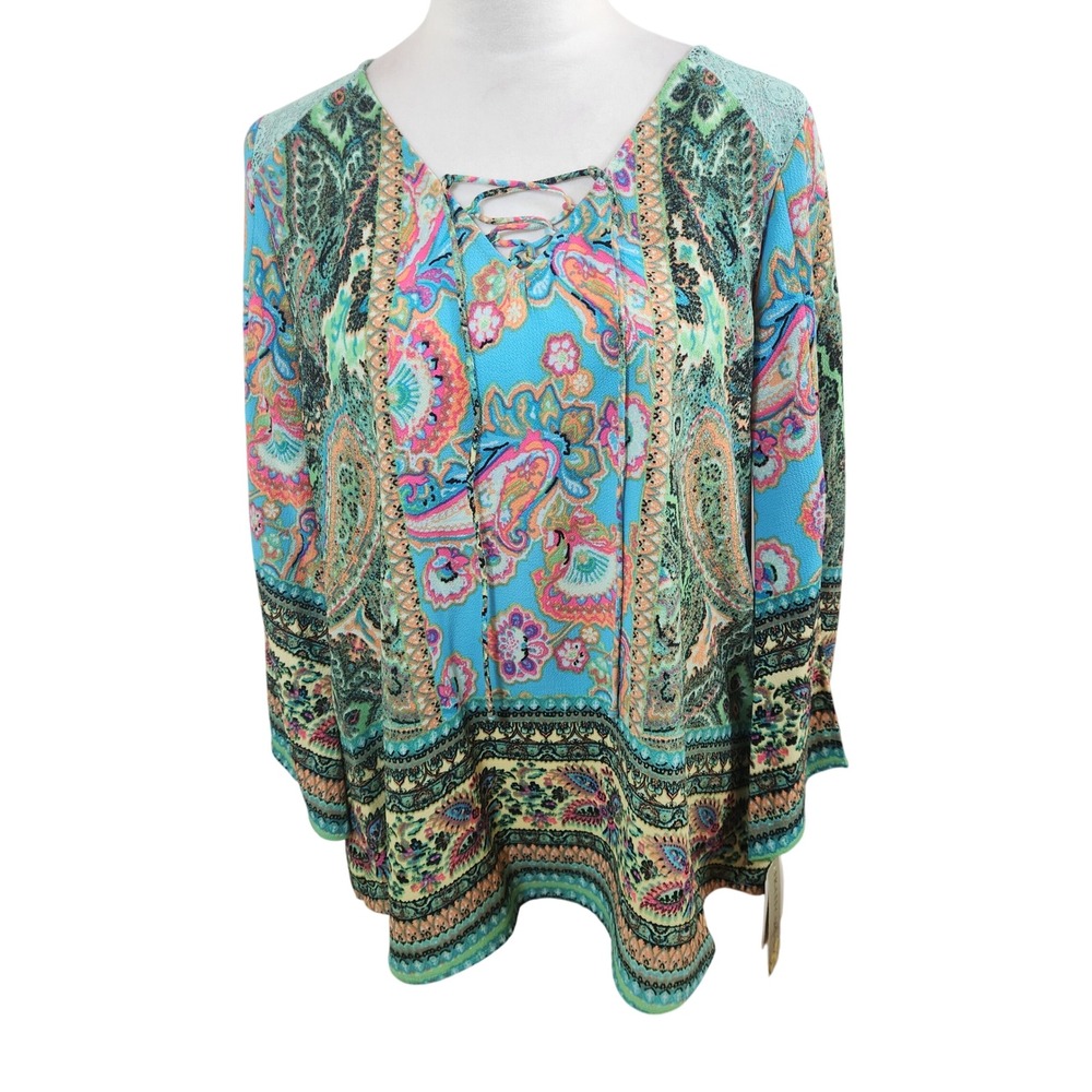 Figueroa & Flower Paisley Lace‎ Up Tunic Top Womens Large Boho Retro Blouse NWT